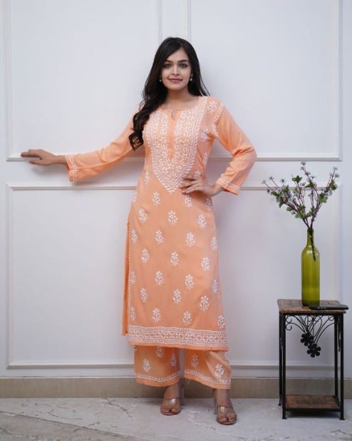 Orange Chicken Embroidery Kurti With Pant