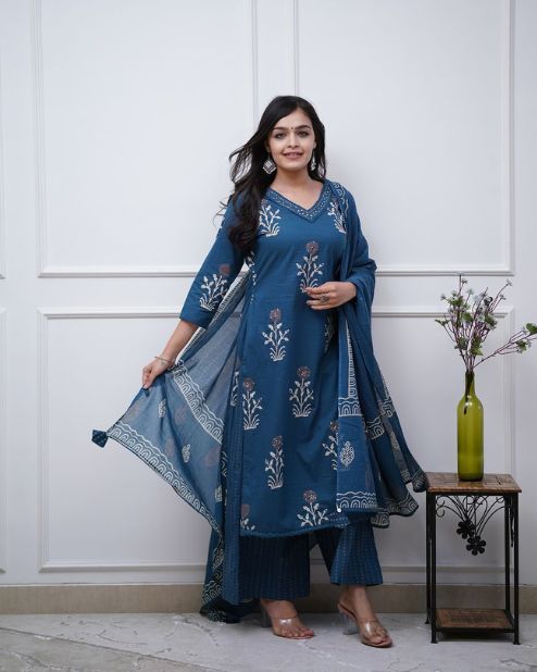 Blue Cotton Kurti Pant With Dupatta