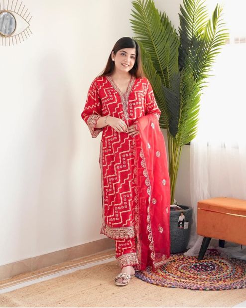 Red Embroidered Kurti Set