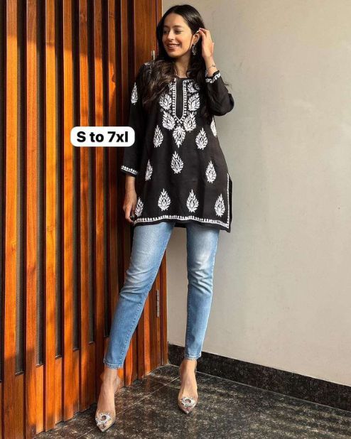 Black Chikankari Embroidery Short Kurti