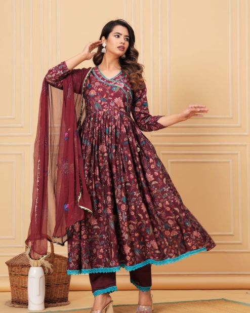 Maroon Angrakha Style Kurti Set