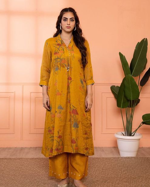 Chinon Yellow Kurti Pant Set