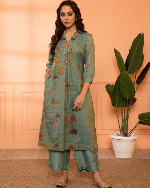 Chinon Green Kurti Pant Set