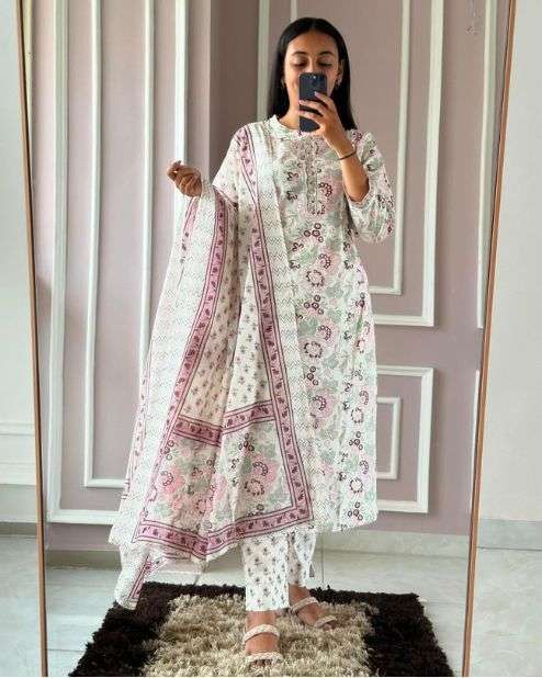 White Floral Print Kurti Set