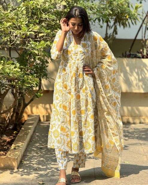 Yellow and White Anarkali Kurti Set