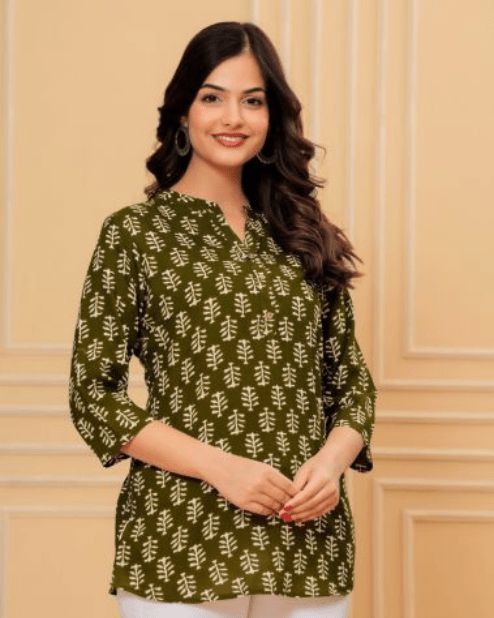 Printed Dark Green Short Kurti