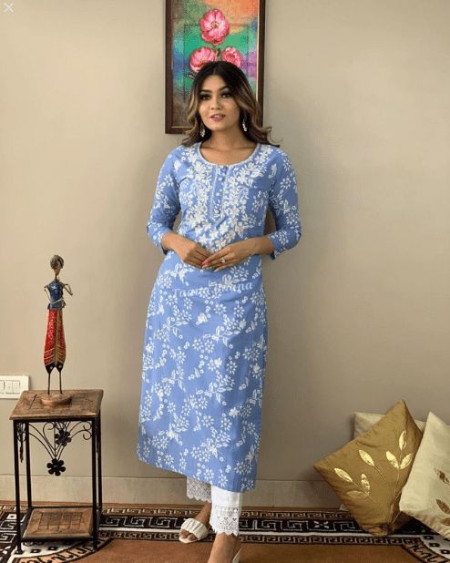 Blue Floral Kurti With Pant