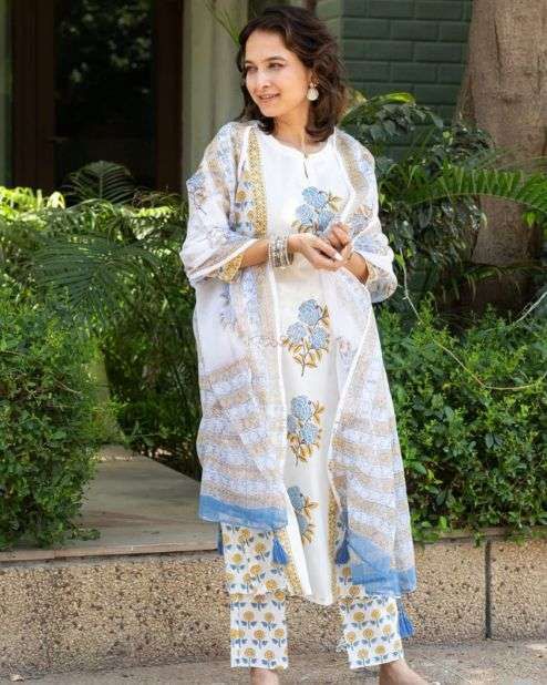 White Cotton Mustard and Blue Floral Suit Set