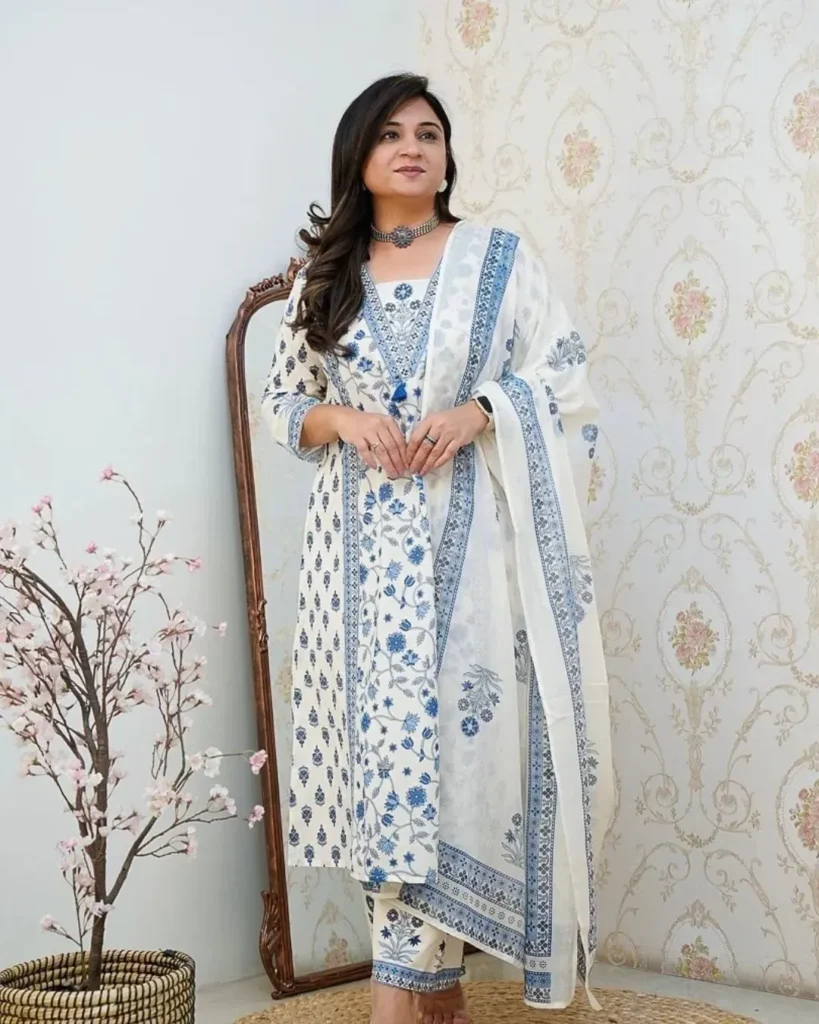 White Floral Print Cotton Suit Set
