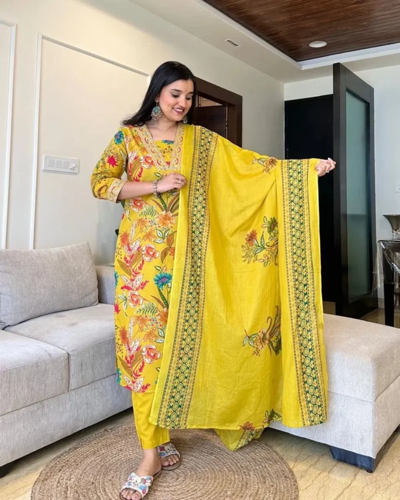 Floral Printed Yellow Cotton Suit Set
