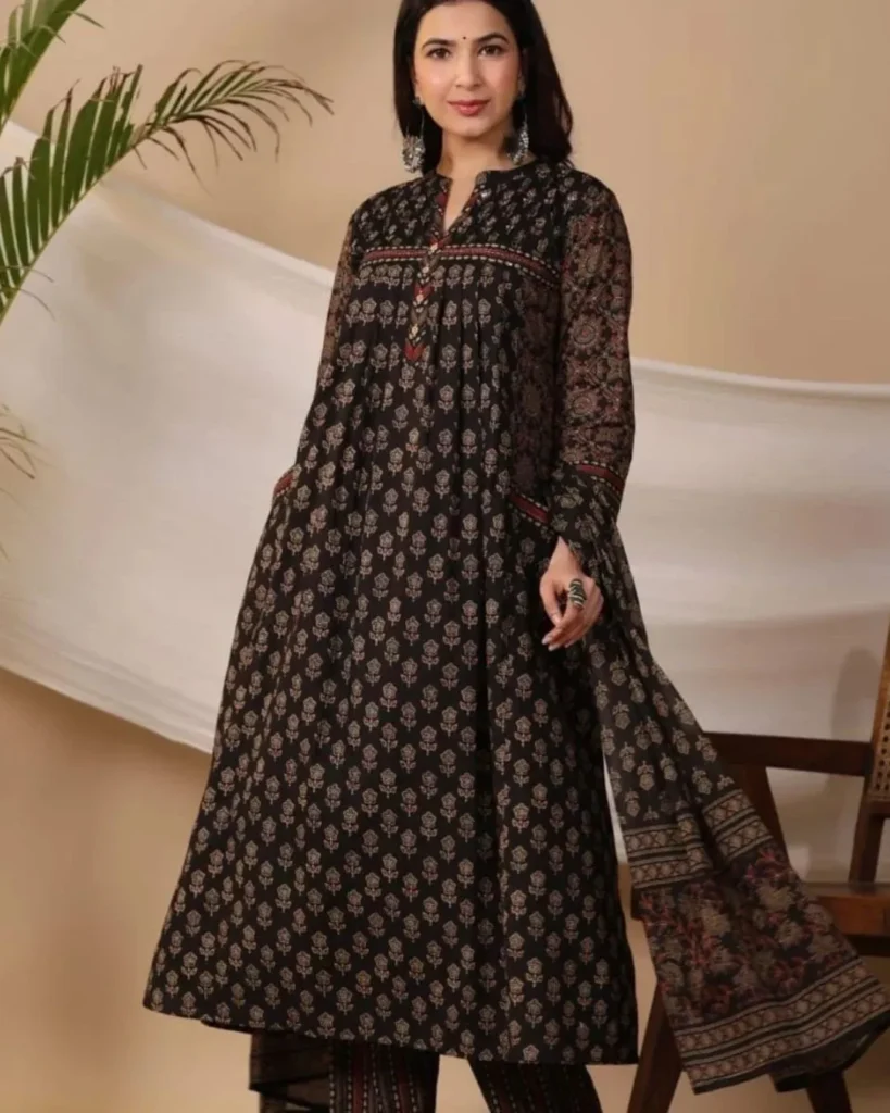 Jaipuri Printed Cotton Black Suit Set
